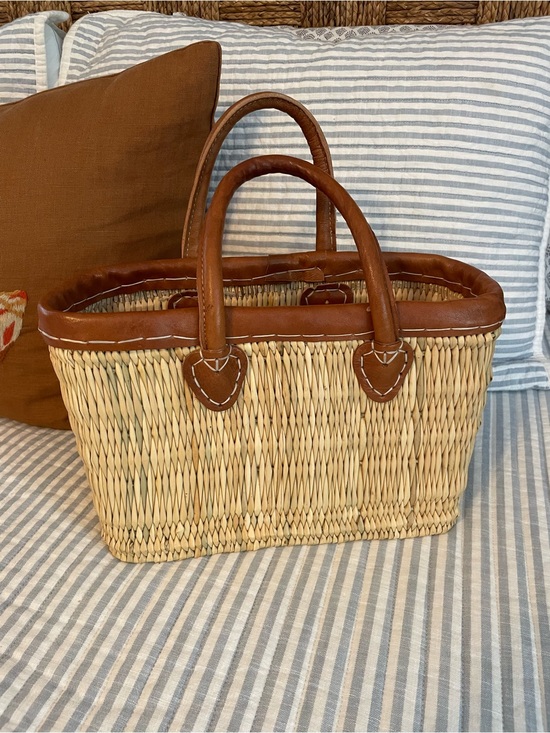 Handbags - Woven Straw Tote Bag with Brown Leather Trim